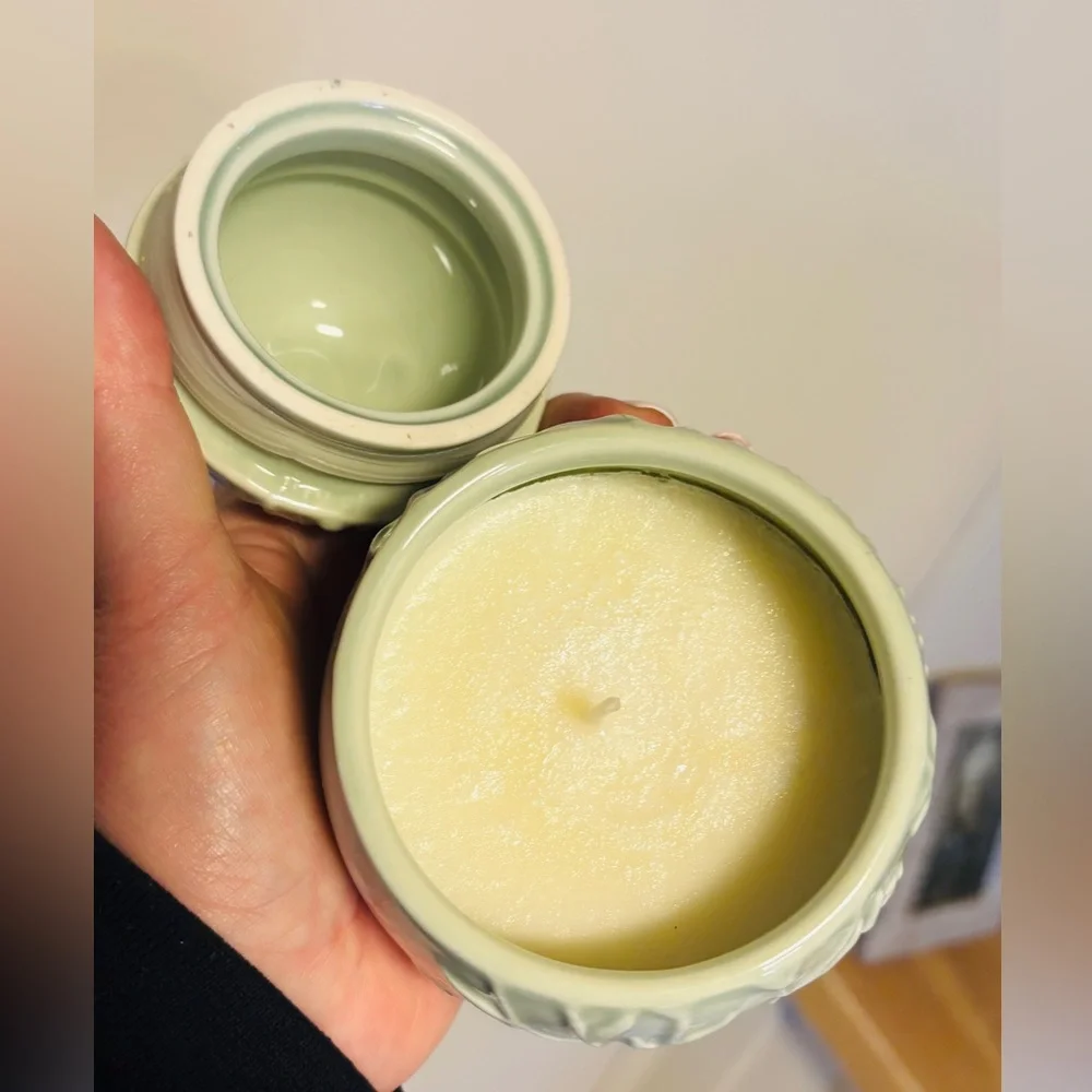 Green Ceramic Botanical Jar Candle With Lid Cottagecore Home Decor - Picture 3 of 3